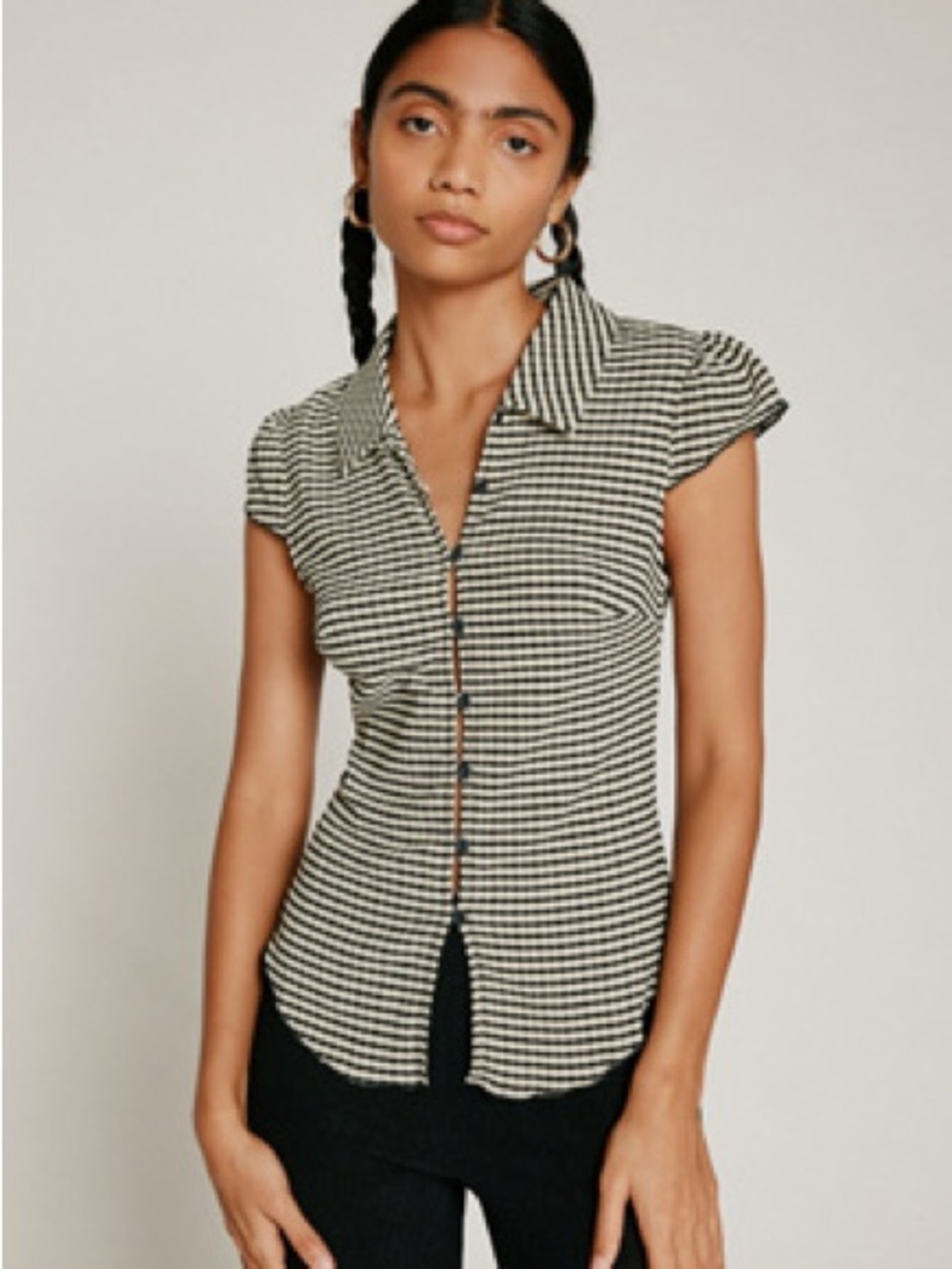 Kimchi Blue Black and White Gingham Cap-Sleeve Button-Down Top